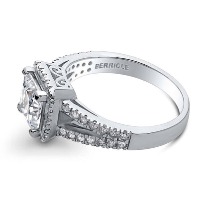 Halo Princess CZ Split Shank Ring in Sterling Silver
