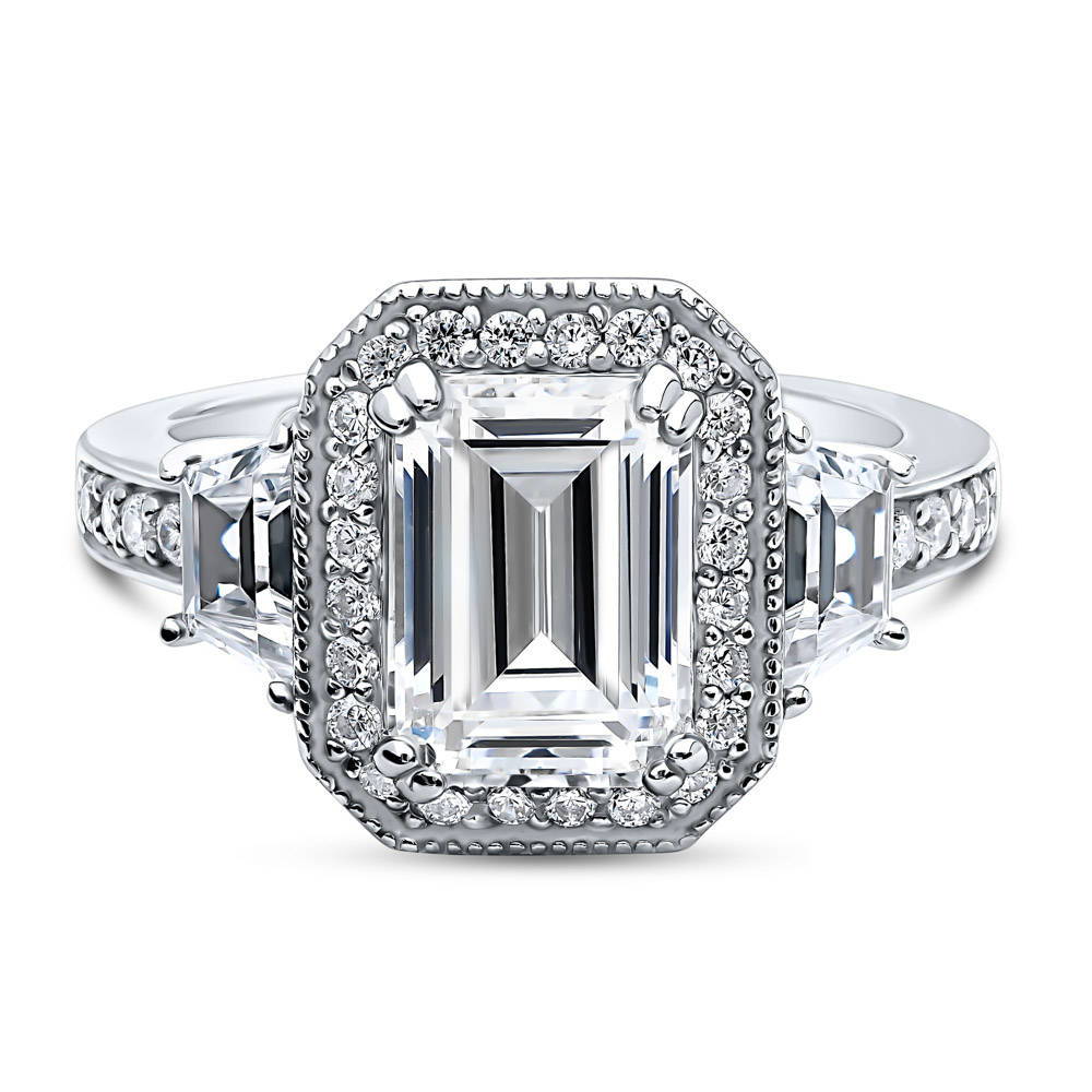 Halo Emerald Cut CZ Ring in Sterling Silver