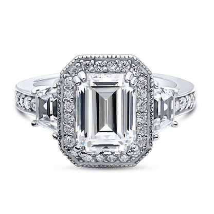 Halo Emerald Cut CZ Ring in Sterling Silver