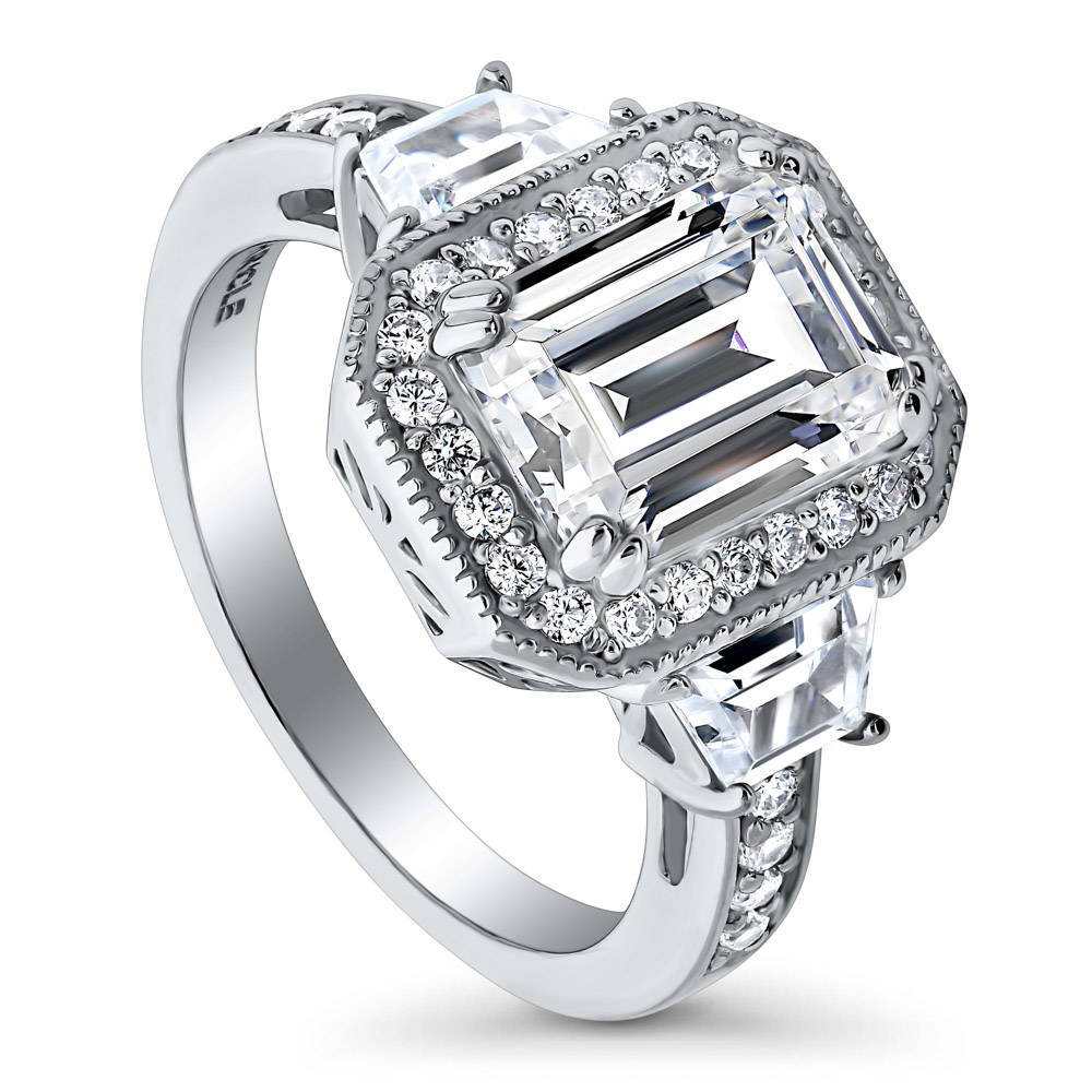 Halo Emerald Cut CZ Ring in Sterling Silver