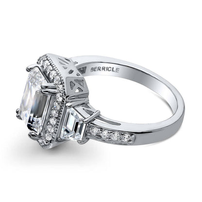 Halo Emerald Cut CZ Ring in Sterling Silver