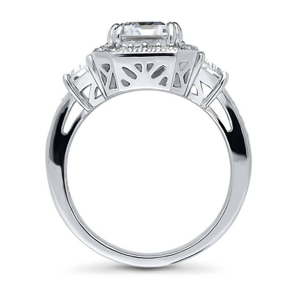 Halo Emerald Cut CZ Ring in Sterling Silver