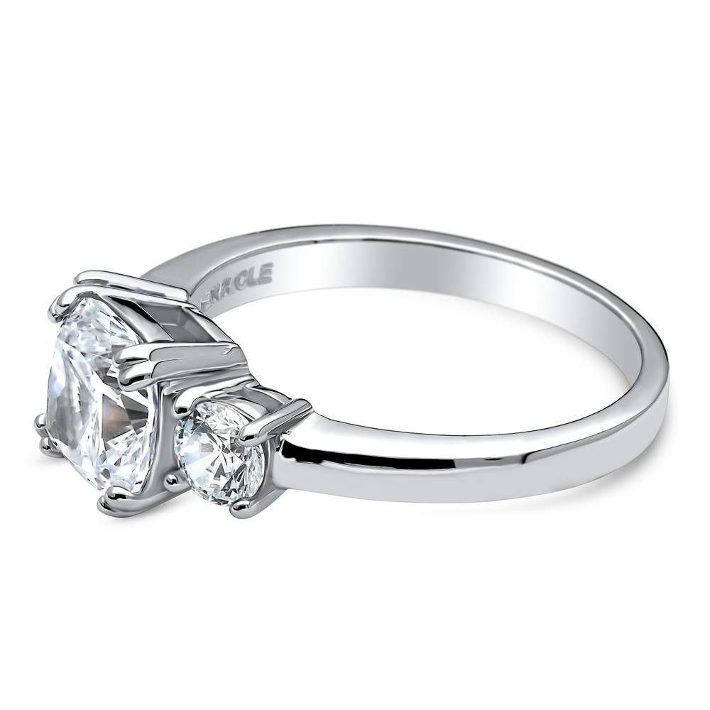 Angle view of 3-Stone 2ct Cushion CZ Ring in Sterling Silver, 5 of 13