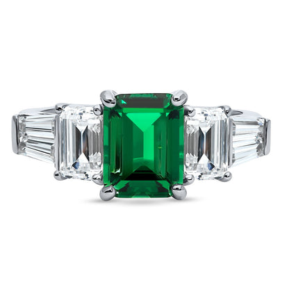 3-Stone Emerald-Green Emerald Cut CZ Ring in Sterling Silver