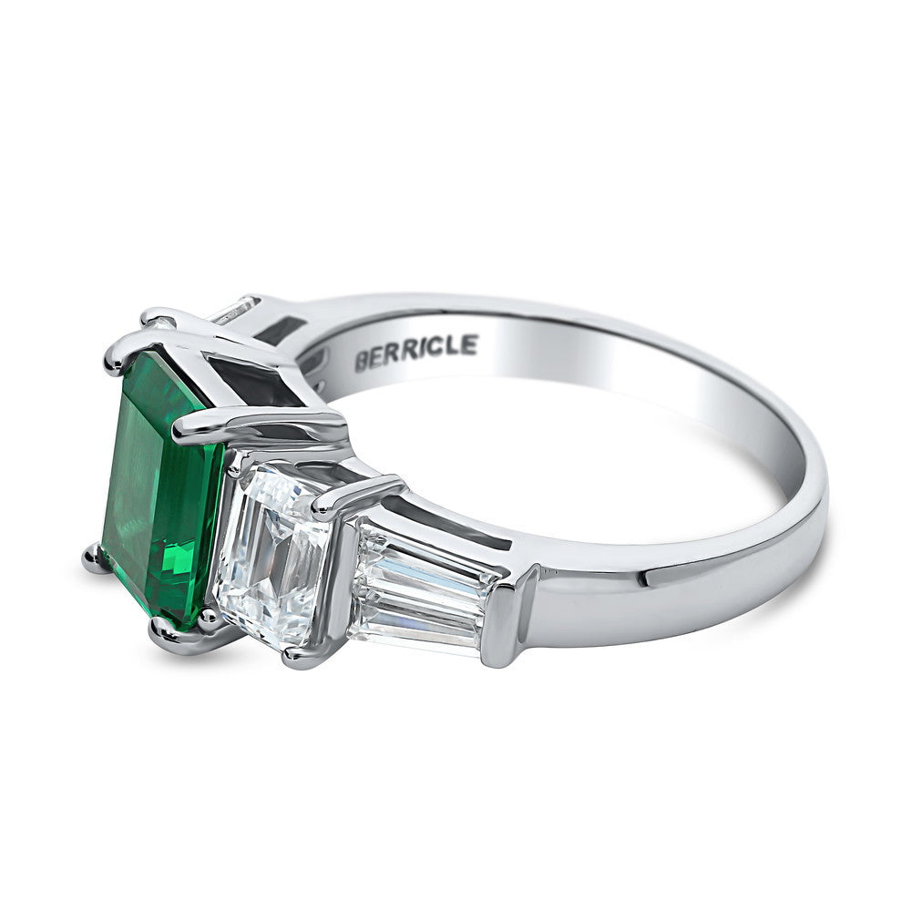 3-Stone Emerald-Green Emerald Cut CZ Ring in Sterling Silver