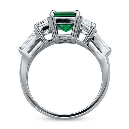3-Stone Emerald-Green Emerald Cut CZ Ring in Sterling Silver