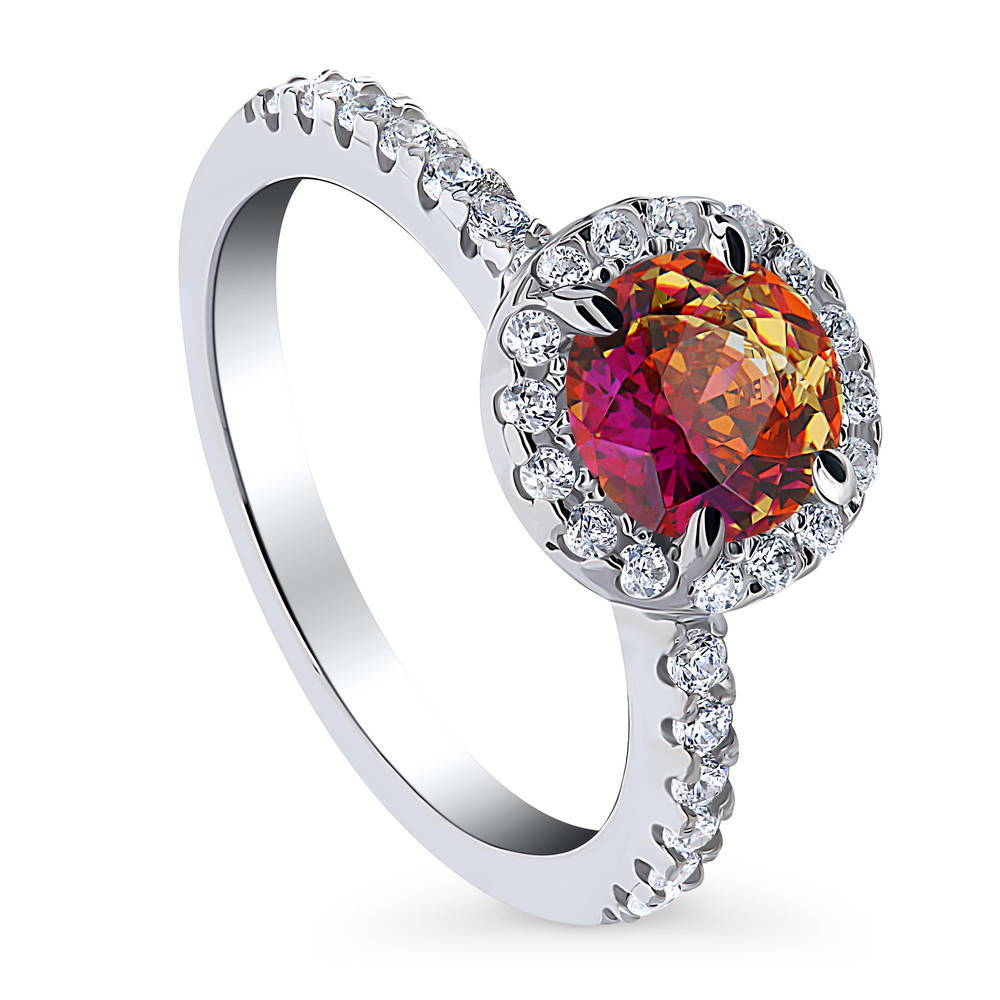Halo Kaleidoscope Red Orange CZ Ring in Sterling Silver