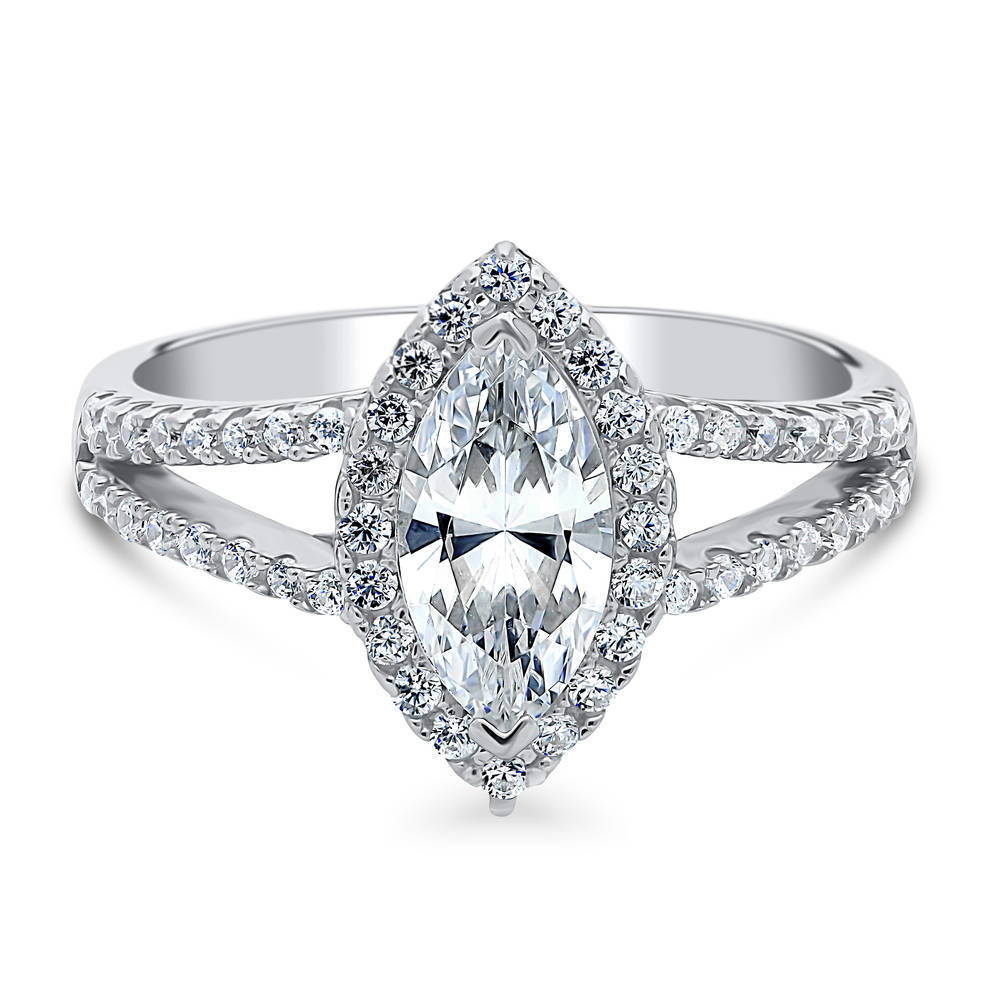 Halo Marquise CZ Split Shank Ring in Sterling Silver, 1 of 5