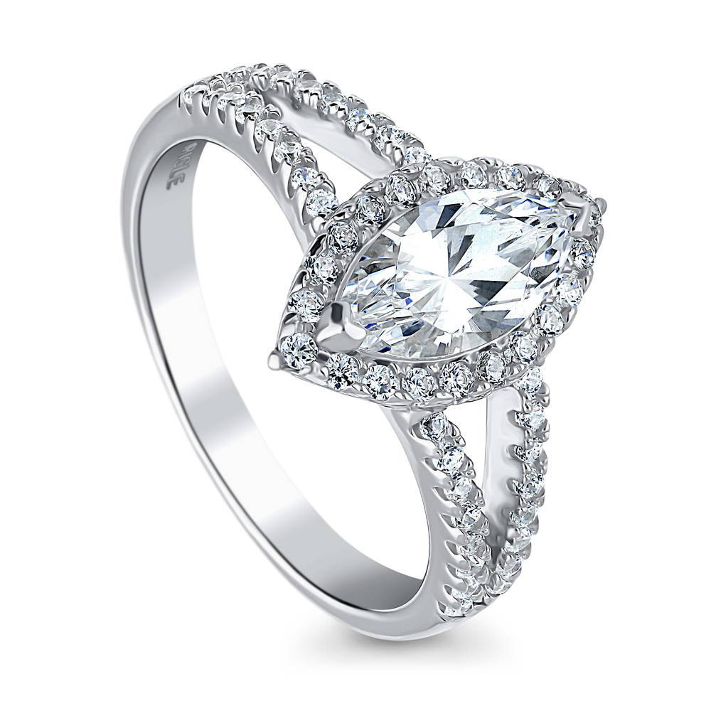 Front view of Halo Marquise CZ Split Shank Ring in Sterling Silver, 3 of 5