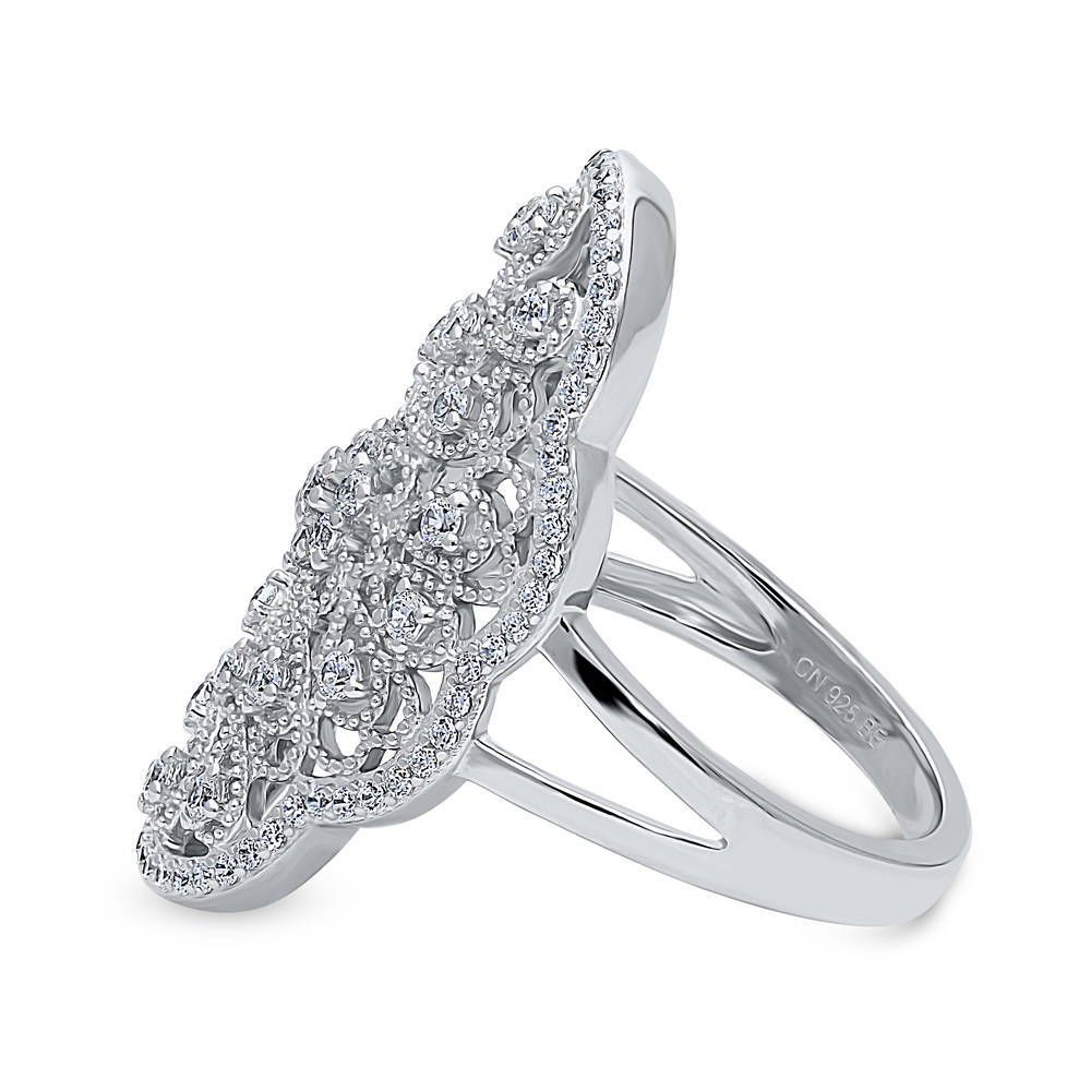 Angle view of Flower Navette Art Deco Filigree CZ Ring in Sterling Silver, 5 of 8