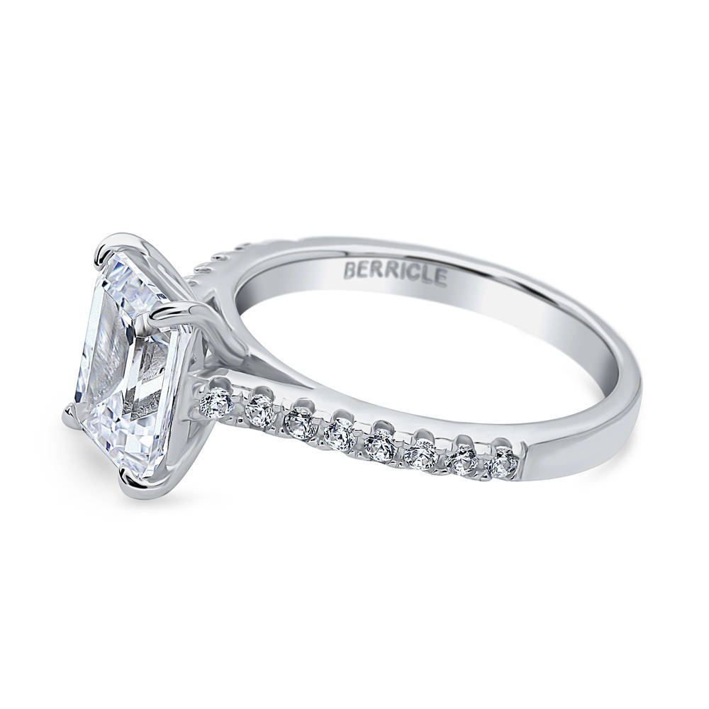 Angle view of Solitaire 2.6ct Emerald Cut CZ Ring in Sterling Silver, 5 of 8