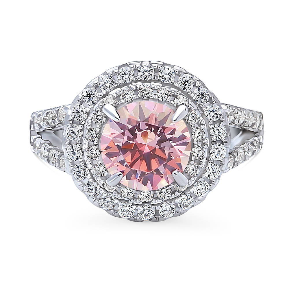 Halo Morganite-Pink CZ Split Shank Ring in Sterling Silver
