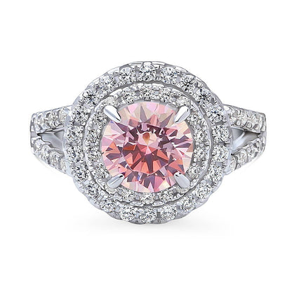 Halo Morganite-Pink CZ Split Shank Ring in Sterling Silver