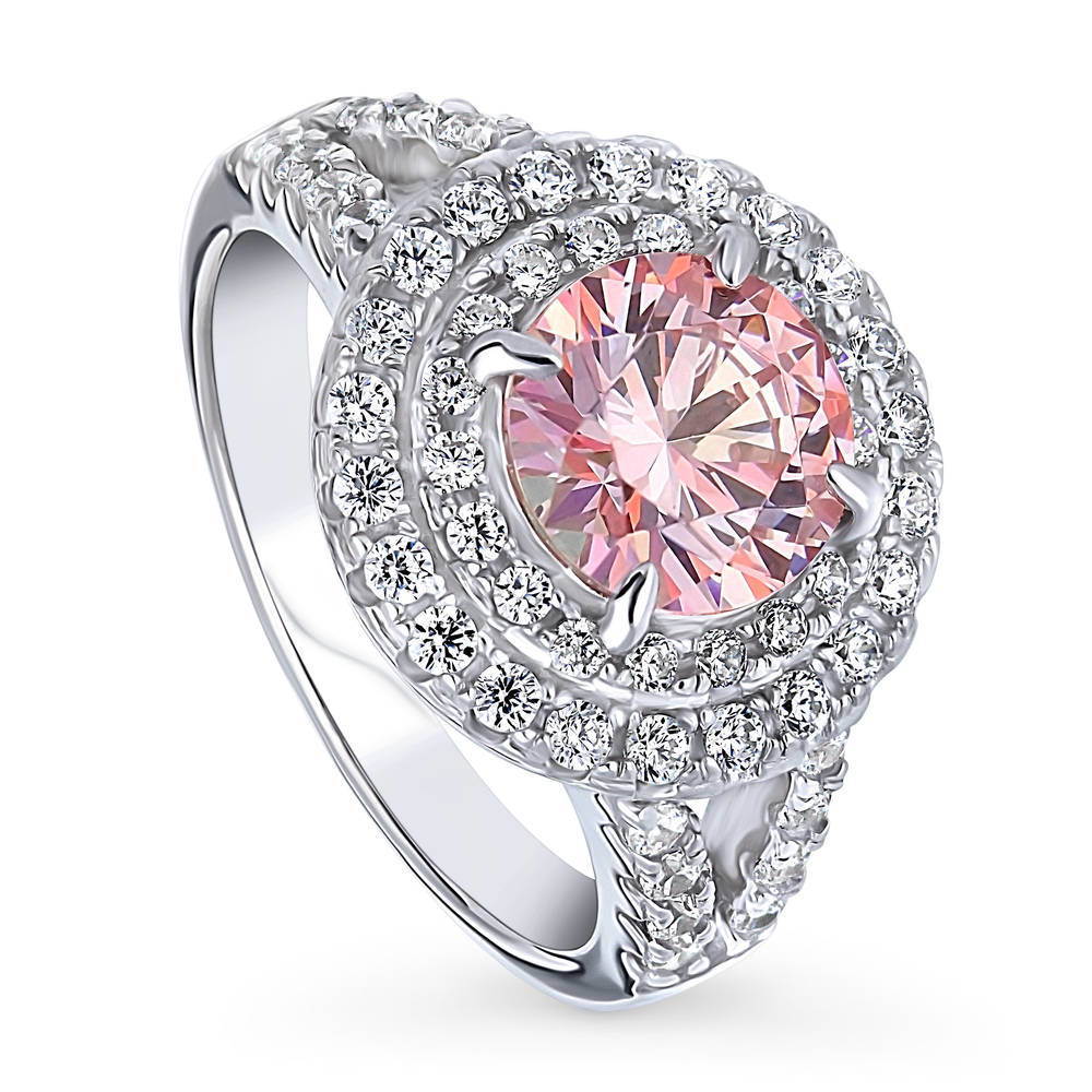 Halo Morganite-Pink CZ Split Shank Ring in Sterling Silver
