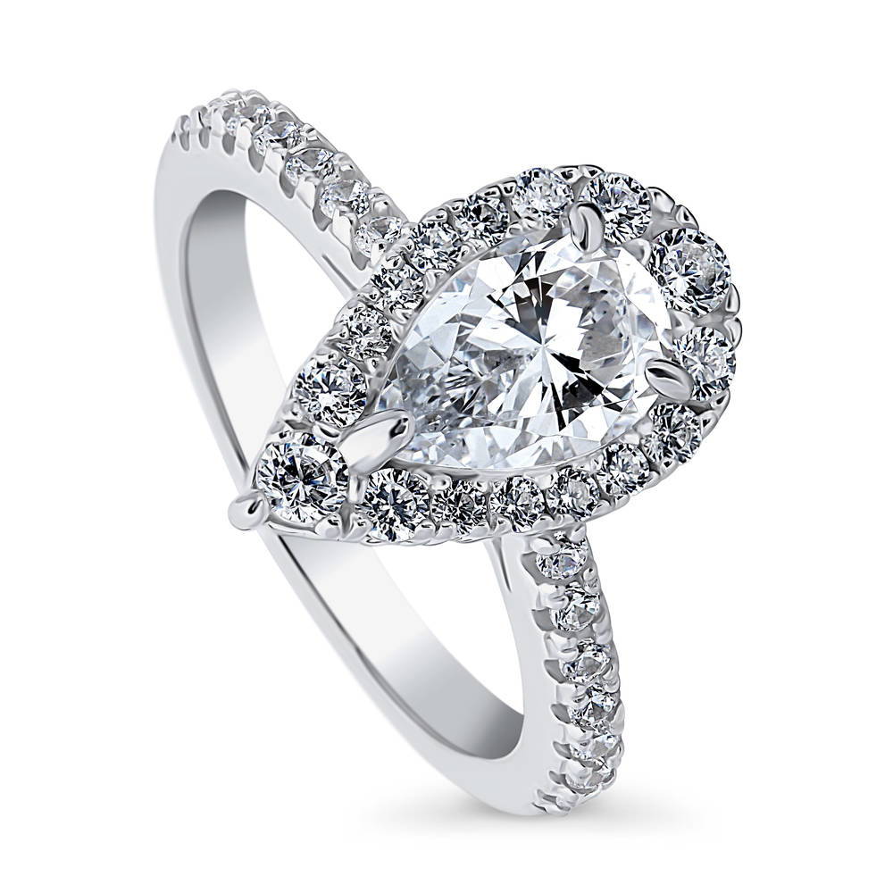Front view of Halo Pear Cut CZ Ring in Sterling Silver, 4 of 7
