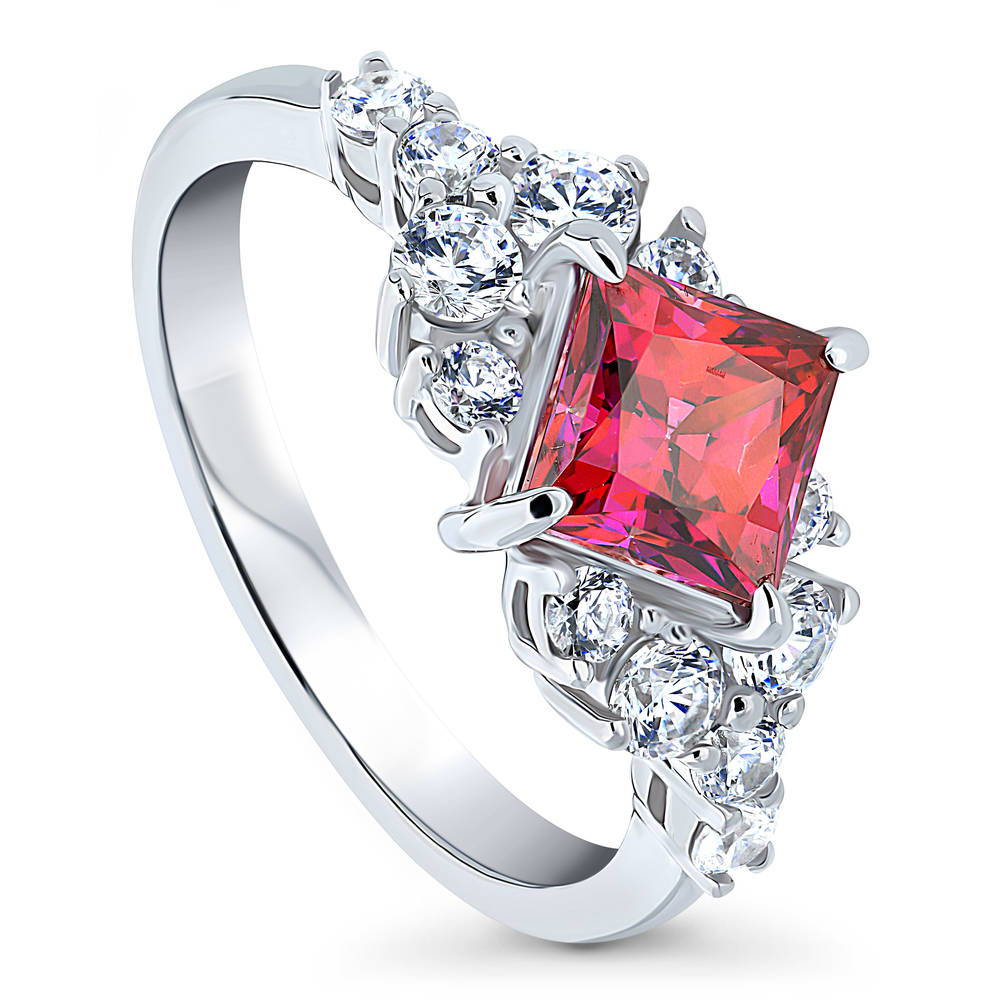 Front view of Flower Art Deco Red CZ Ring in Sterling Silver, 4 of 7
