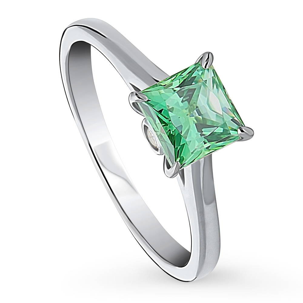 Front view of Solitaire 1.2ct Green Princess CZ Ring in Sterling Silver, 4 of 8
