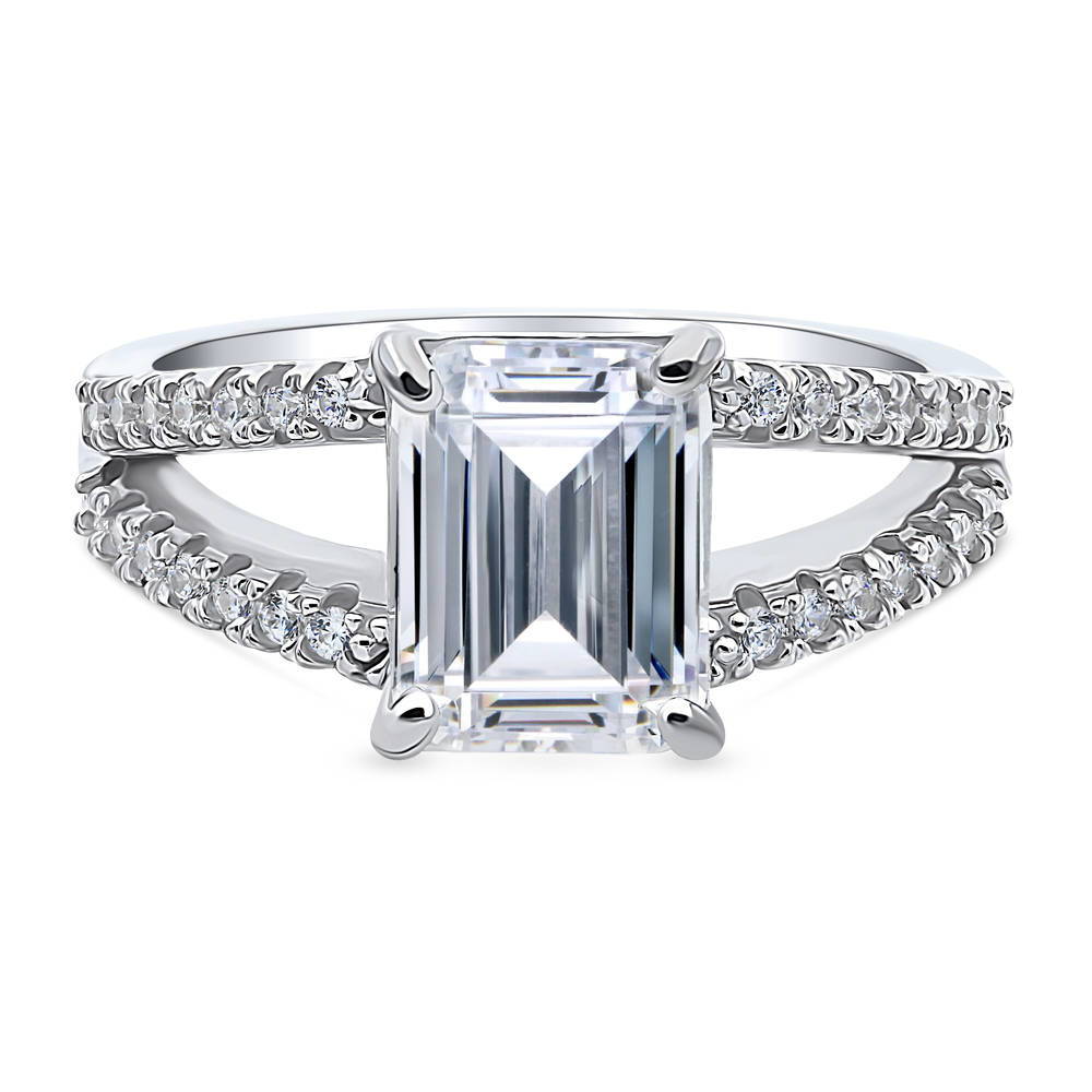 Solitaire 2.6ct Emerald Cut CZ Split Shank Ring in Sterling Silver