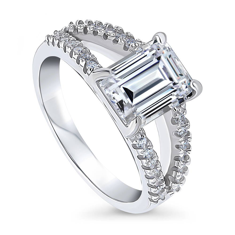 Front view of Solitaire Emerald Cut CZ Split Shank Ring in Sterling Silver, 4 of 8
