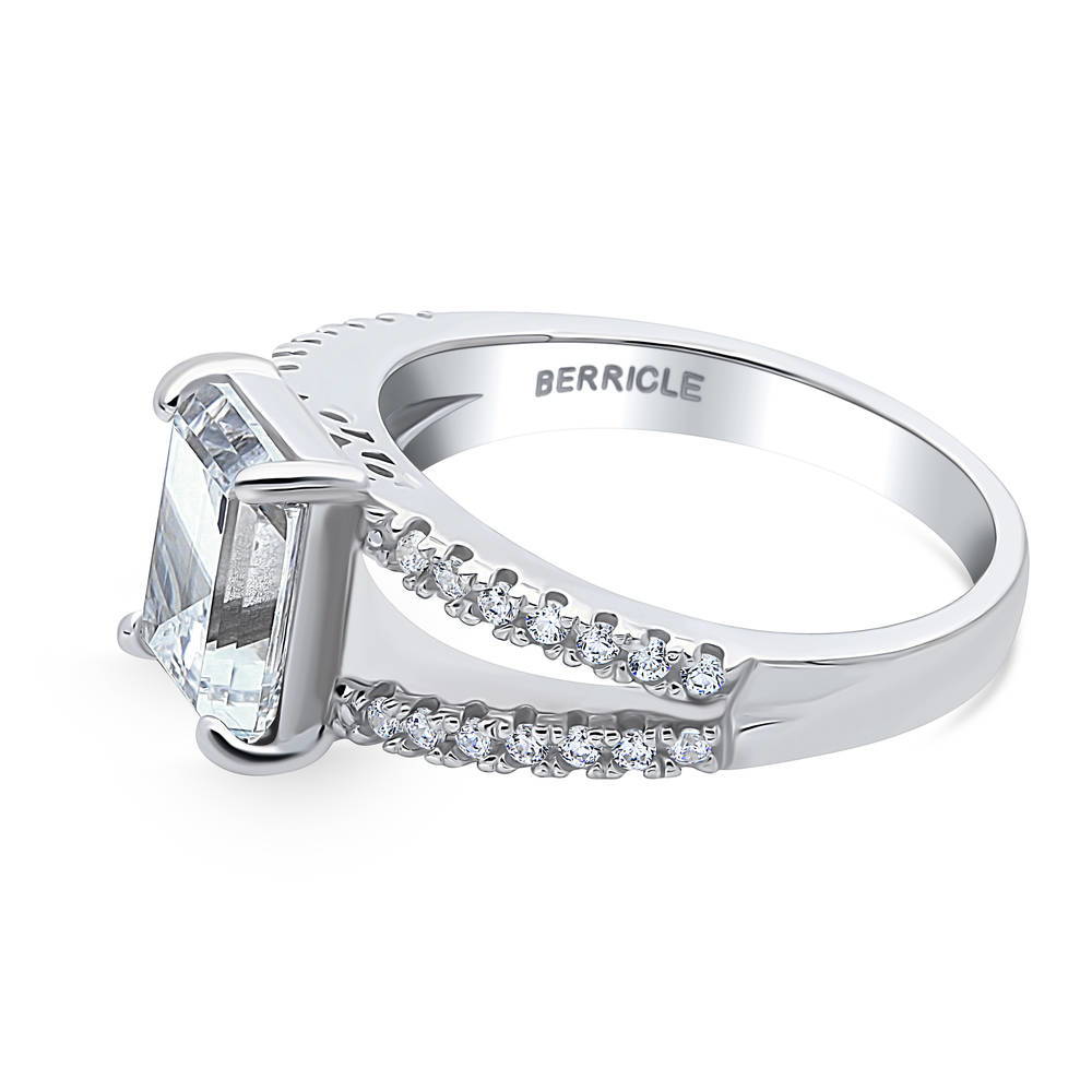 Angle view of Solitaire Emerald Cut CZ Split Shank Ring in Sterling Silver, 5 of 8