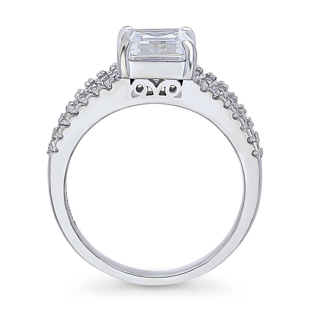 Solitaire Emerald Cut CZ Split Shank Ring in Sterling Silver