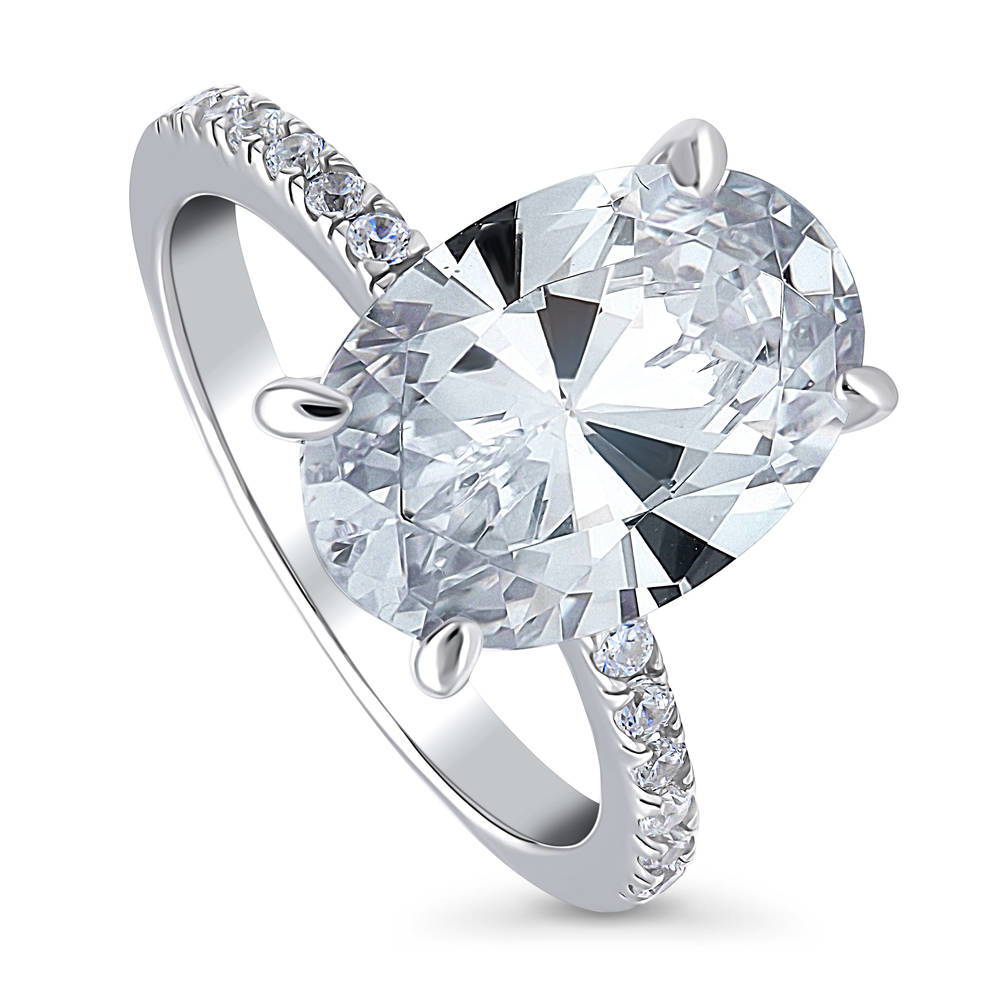 Front view of Solitaire Hidden Halo 5.5ct Oval CZ Ring in Sterling Silver, 4 of 7
