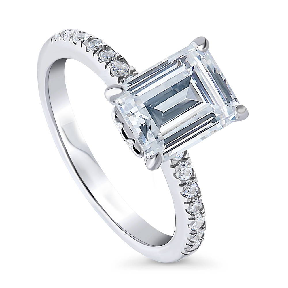 Solitaire Hidden Halo 2.6ct Emerald Cut CZ Ring in Sterling Silver