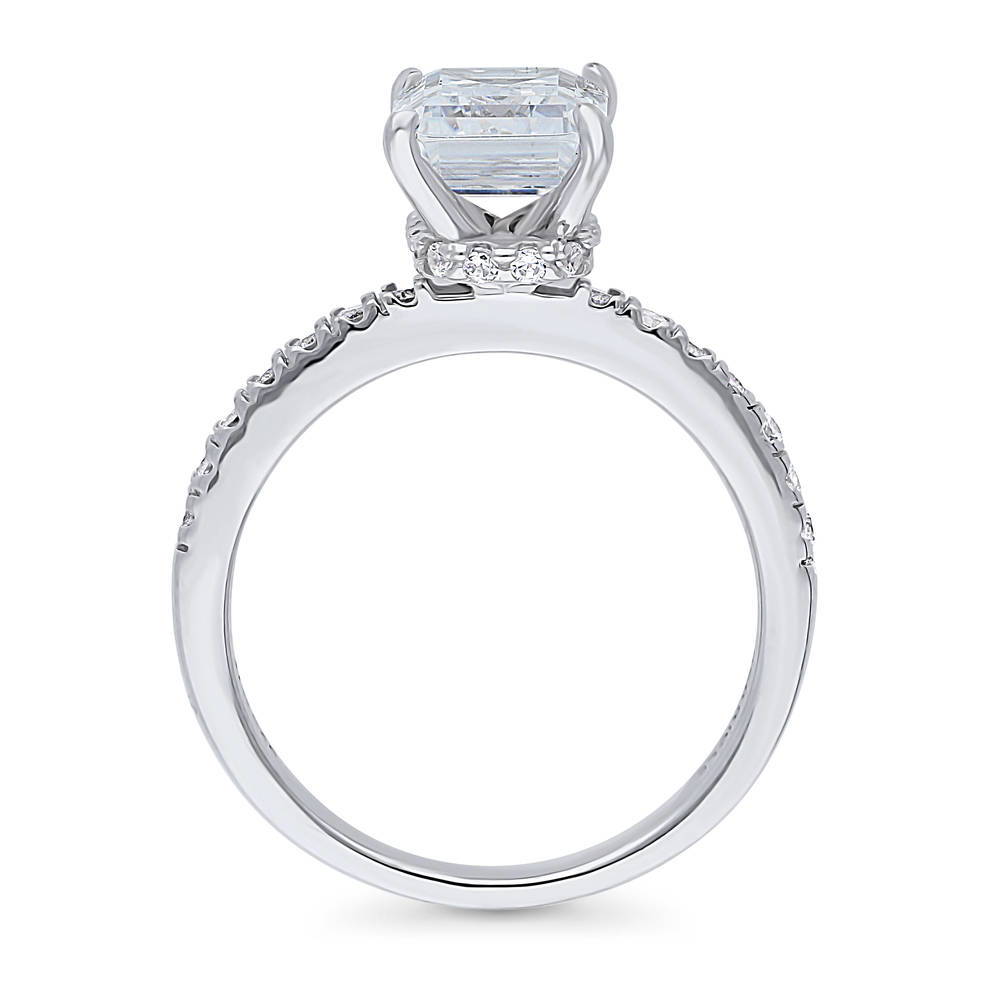 Solitaire Hidden Halo 2.6ct Emerald Cut CZ Ring in Sterling Silver