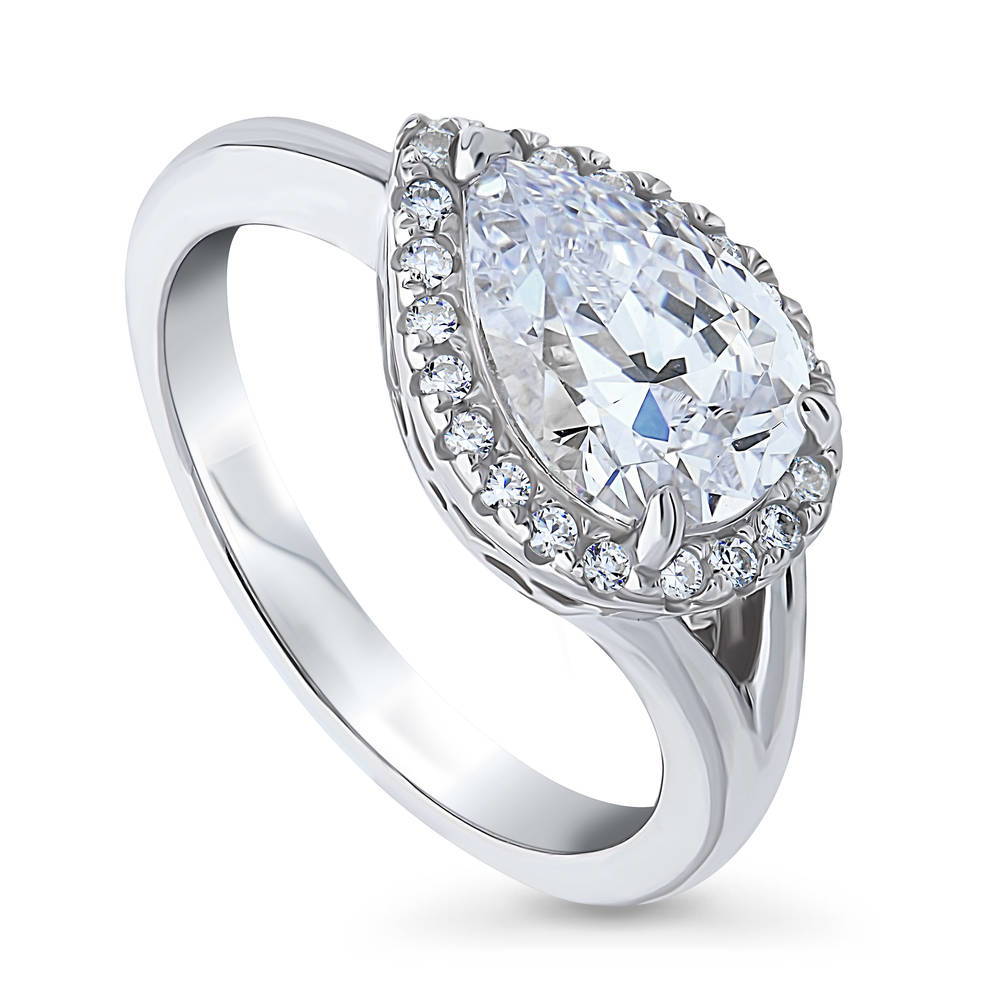 Front view of Halo East-West Pear CZ Split Shank Ring in Sterling Silver, 4 of 7