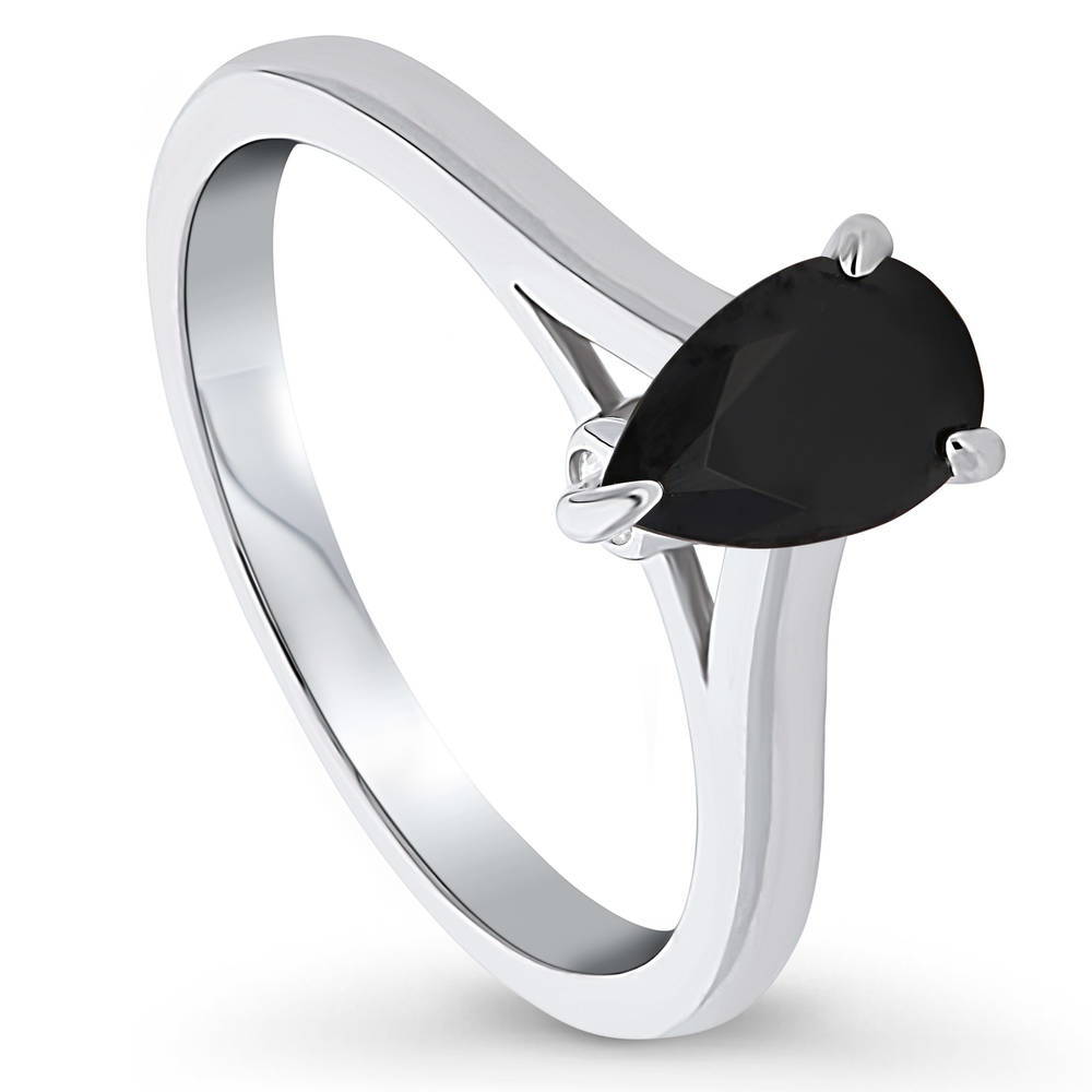 Solitaire Black Pear CZ Ring in Sterling Silver 0.8ct