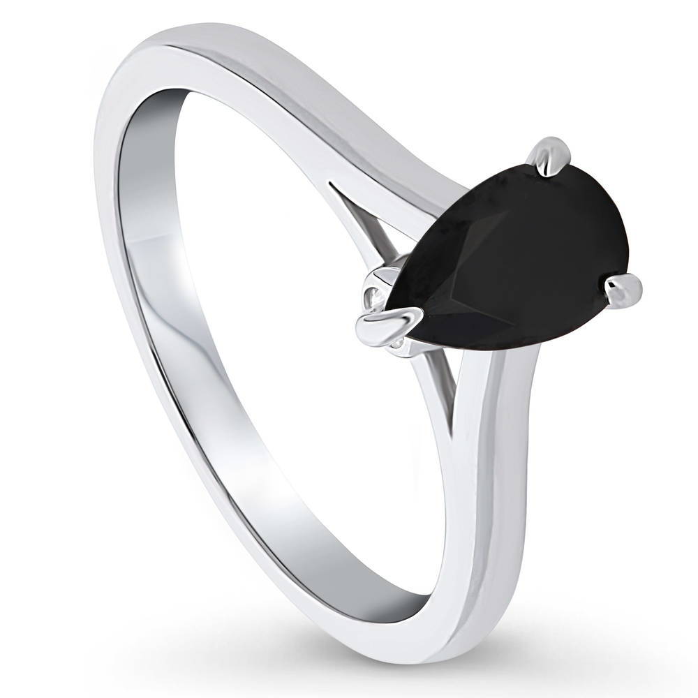Front view of Solitaire 0.8ct Black Pear CZ Ring in Sterling Silver, 4 of 8