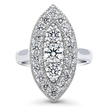 3-Stone Navette Round CZ Statement Ring in Sterling Silver