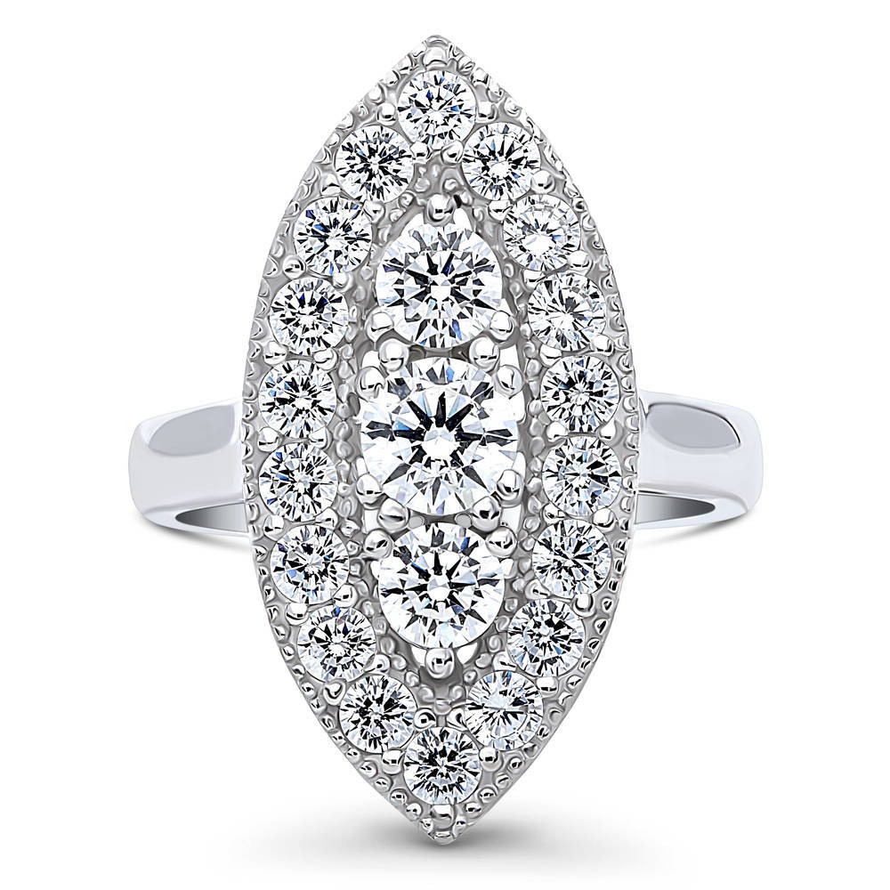 3-Stone Navette Milgrain Art Deco CZ Ring in Sterling Silver, 1 of 7