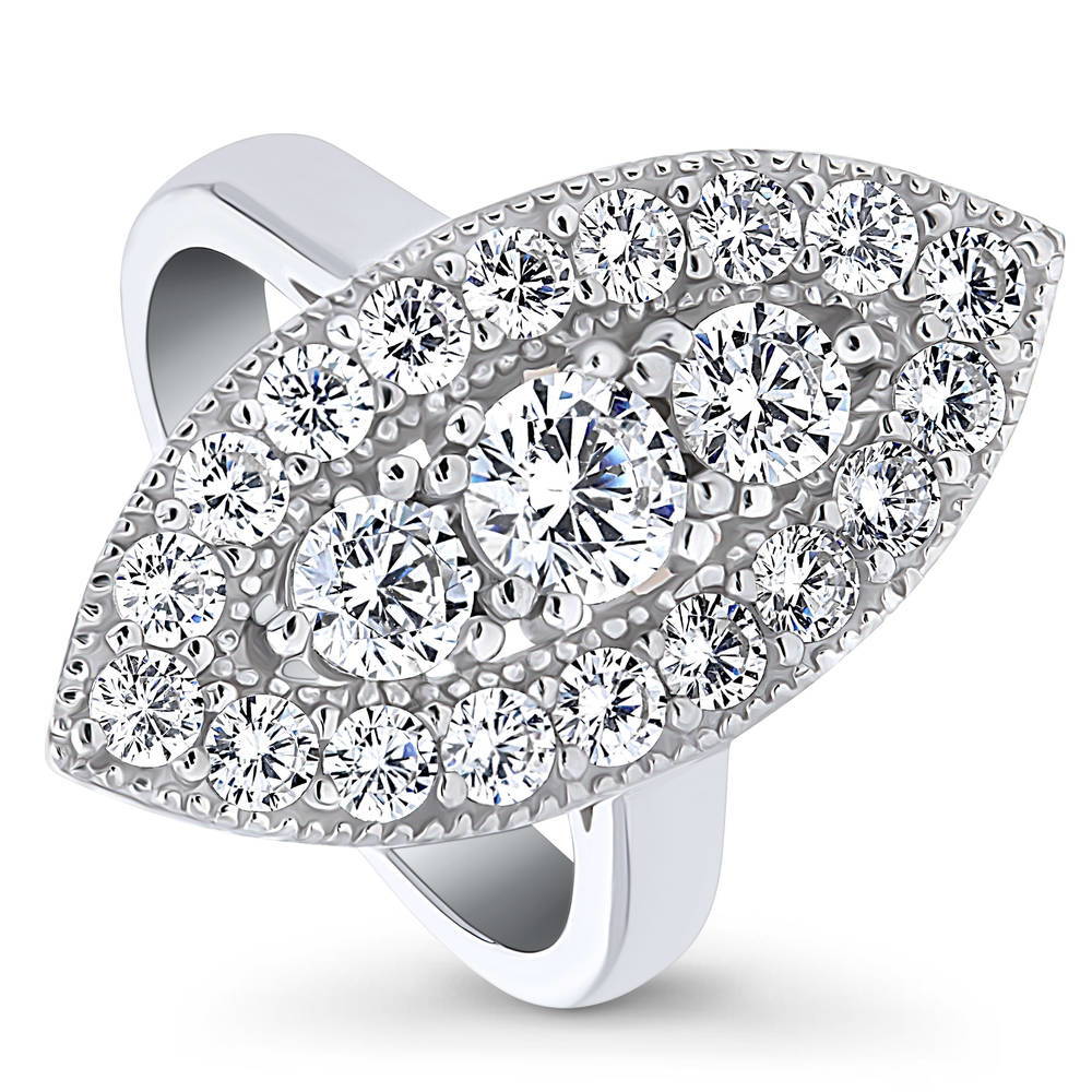 3-Stone Navette Round CZ Statement Ring in Sterling Silver