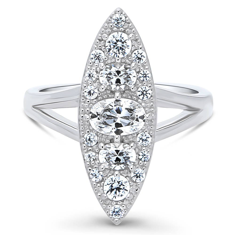 5-Stone Navette Art Deco CZ Split Shank Ring in Sterling Silver