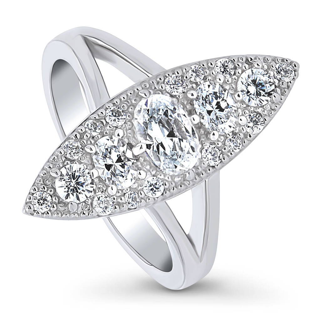 5-Stone Navette Art Deco CZ Split Shank Ring in Sterling Silver