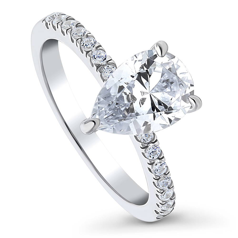 Front view of Solitaire Hidden Halo 1.8ct Pear CZ Ring in Sterling Silver, 4 of 7