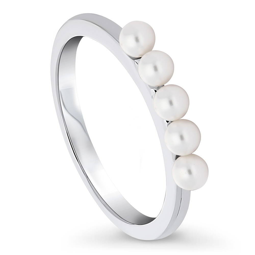 5-Stone Ball Bead Imitation Pearl Stackable Band in Sterling Silver