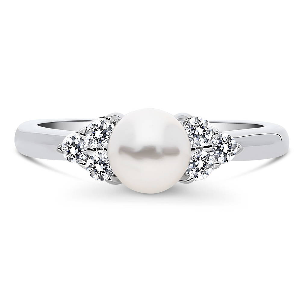 Solitaire White Round Imitation Pearl Ring in Sterling Silver