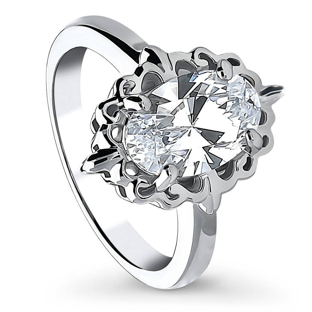 Solitaire Filigree 2.7ct Oval CZ Ring in Sterling Silver