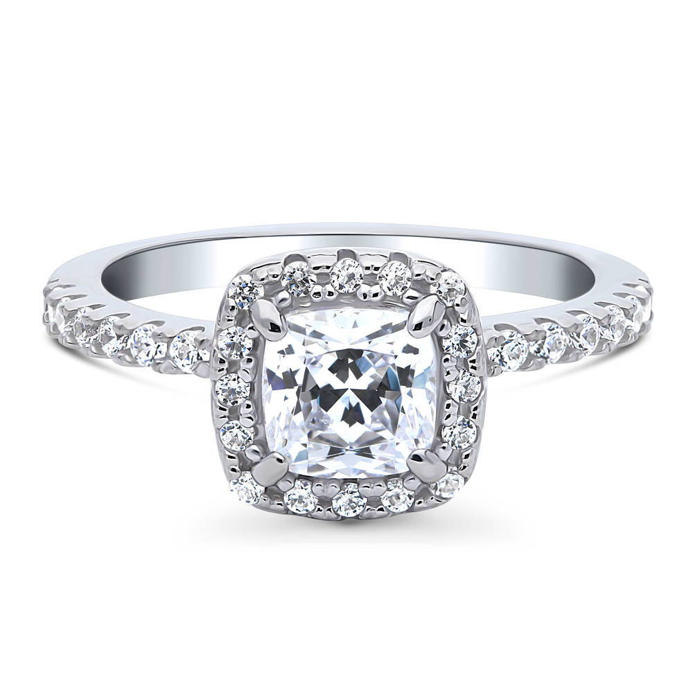 Halo Cushion Cut CZ Ring in Sterling Silver