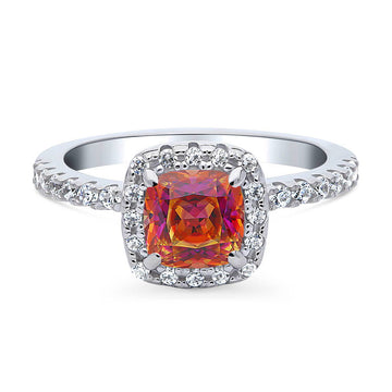 Halo Kaleidoscope Red Orange Cushion CZ Ring in Sterling Silver