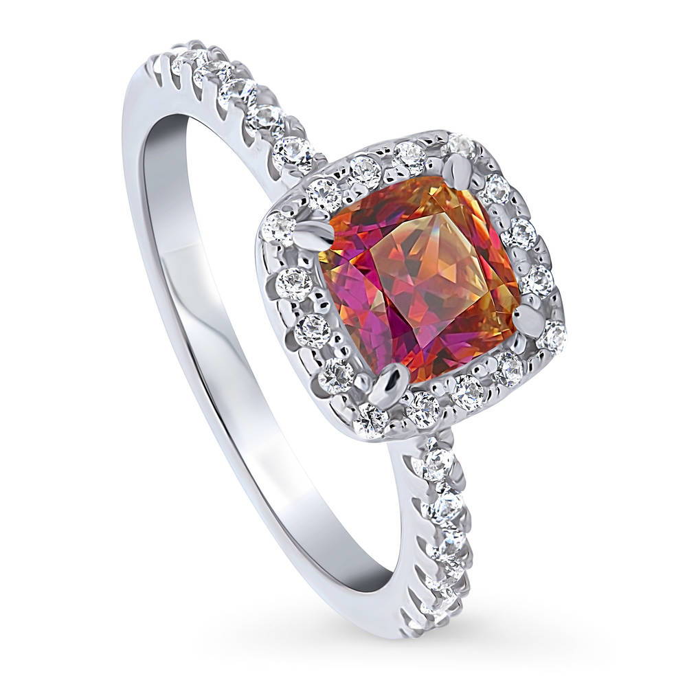 Front view of Halo Kaleidoscope Red Orange Cushion CZ Ring in Sterling Silver, 4 of 8