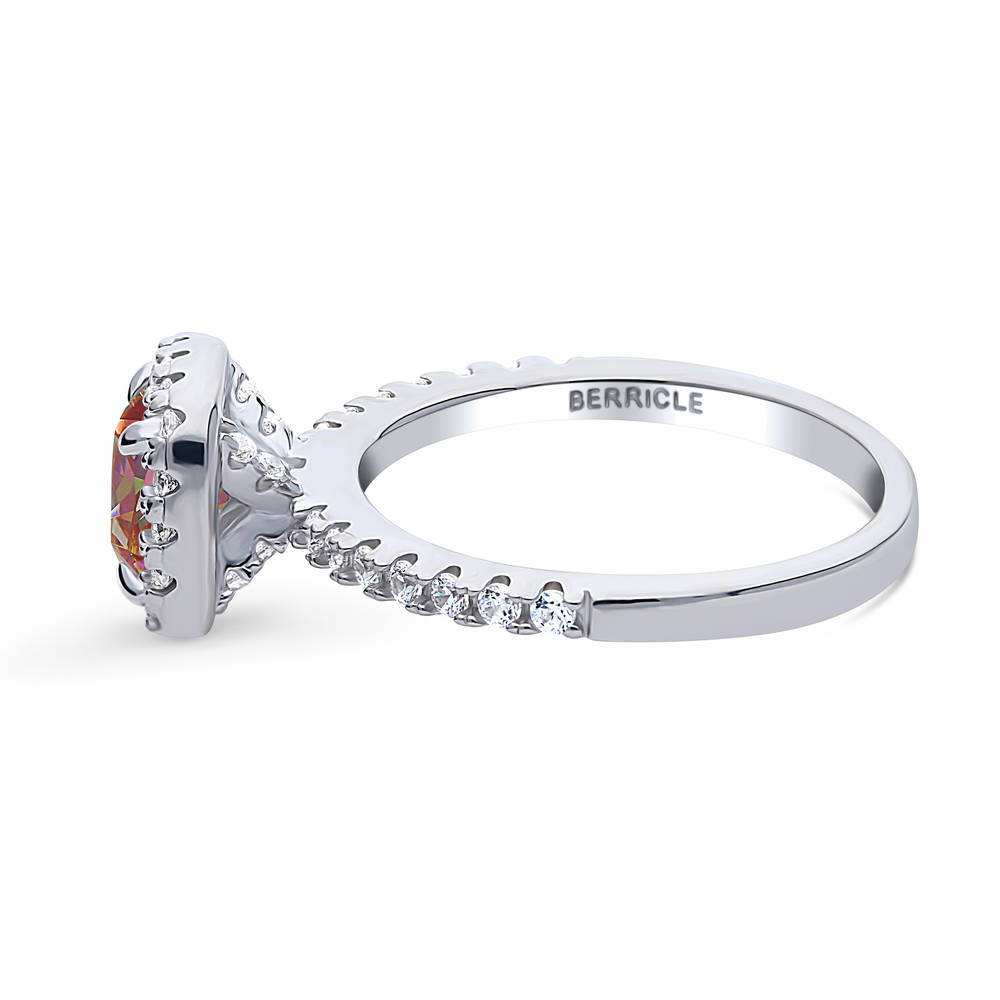 Angle view of Halo Kaleidoscope Red Orange Cushion CZ Ring in Sterling Silver, 5 of 8