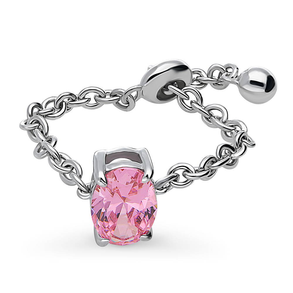 Solitaire Pink Oval CZ Chain Ring in Sterling Silver 1.4ct