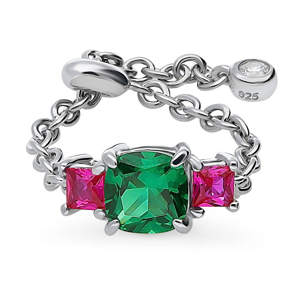 Front view of 3-Stone Simulated Emerald Cushion CZ Chain Ring in Sterling Silver, 4 of 8