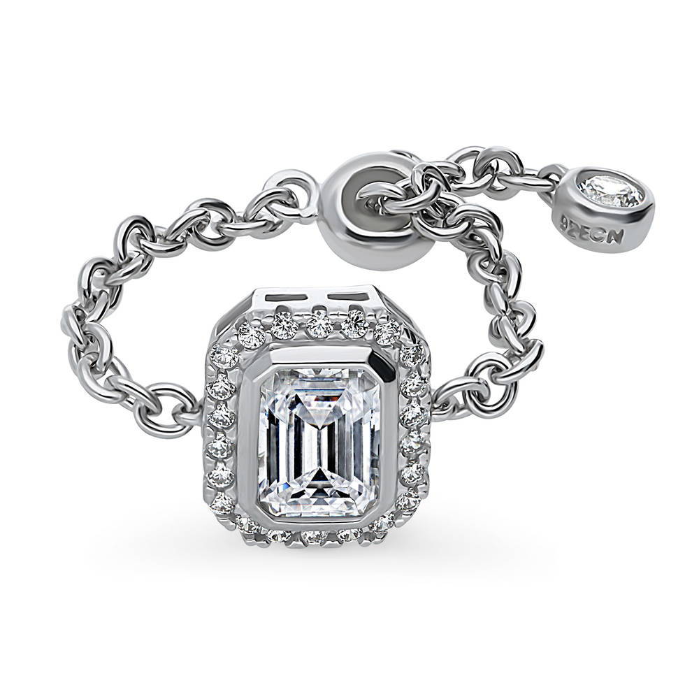 Halo Emerald Cut CZ Chain Ring in Sterling Silver