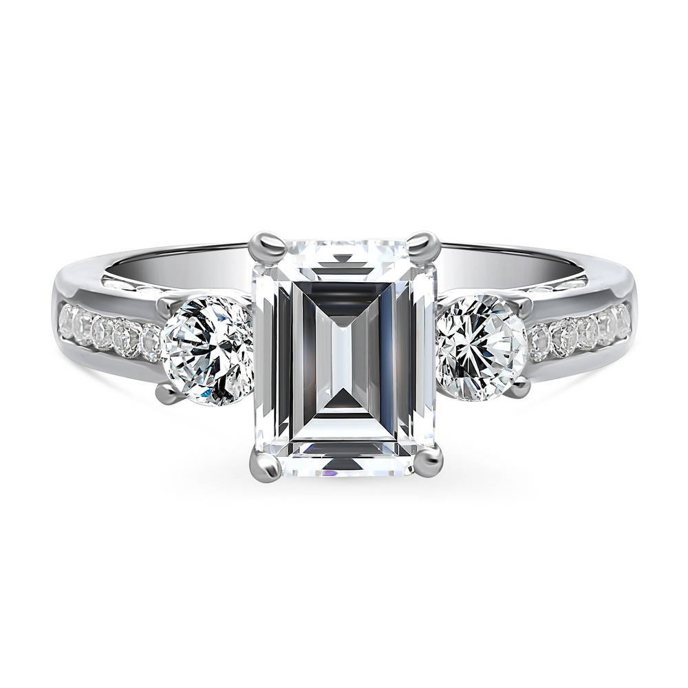 3-Stone 2.1ct Emerald Cut CZ Ring in Sterling Silver, 1 of 9