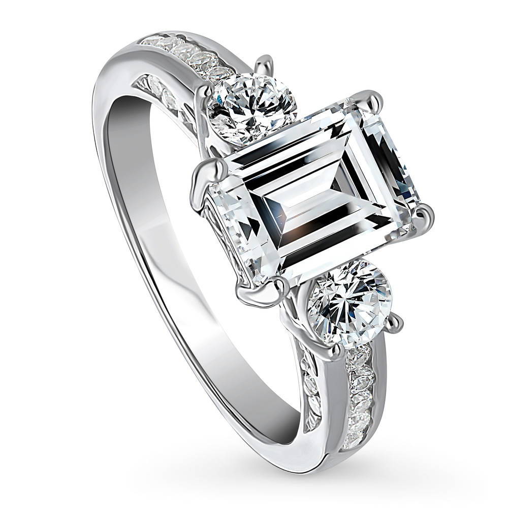 Front view of 3-Stone 2.1ct Emerald Cut CZ Ring in Sterling Silver, 4 of 9