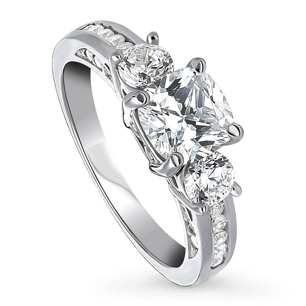 Front view of 3-Stone 1.5ct Cushion CZ Ring in Sterling Silver, 4 of 9